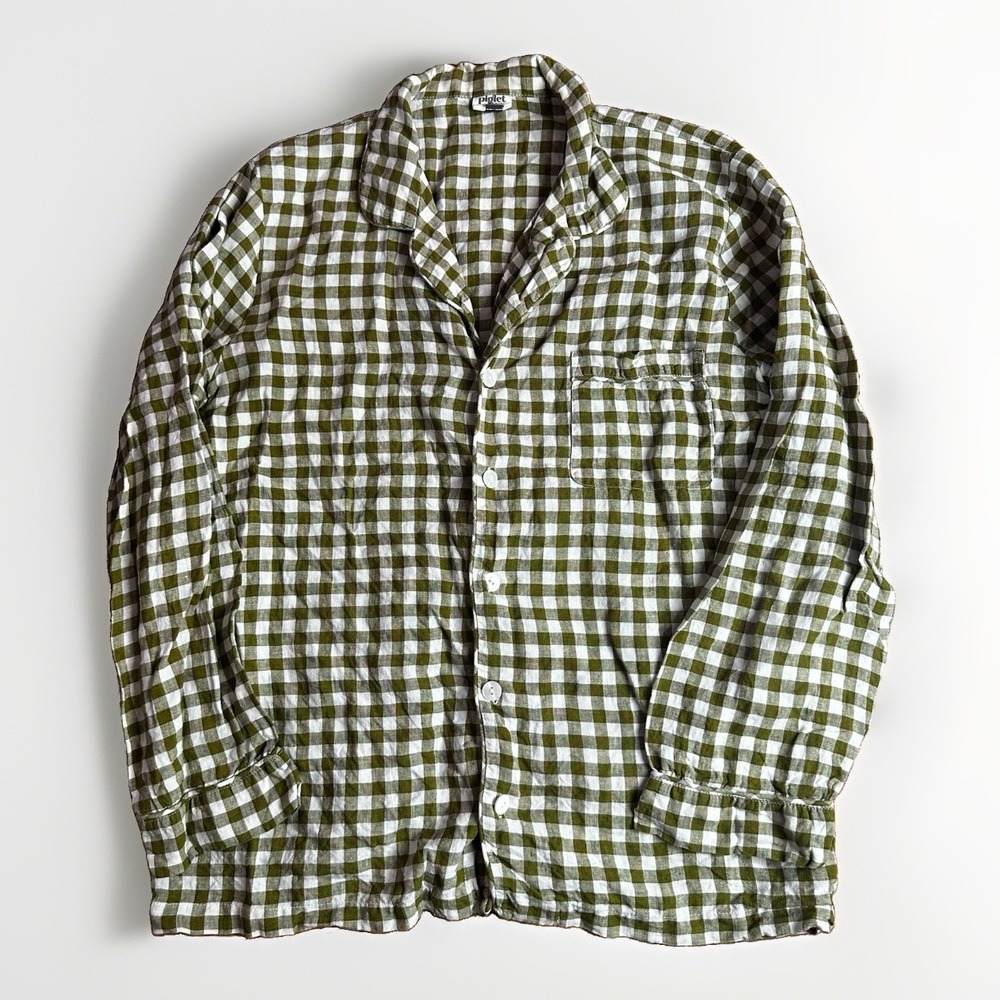 Piglet In Bed Shirt Mens XL Botanical Green Gingham Plaid 100% Linen Night Sleep